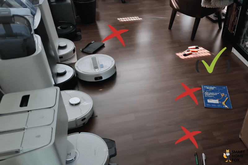 Das Ergebnis des Yeedi Cube beim Hinderniserkennungstest von flachen Objekten im Arbeitszimmer ist übersichtlich zu sehen.